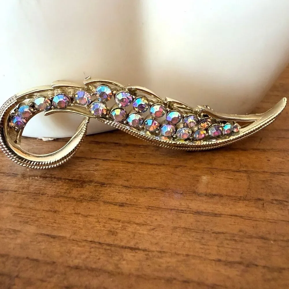 Vintage Aurora Borealis Rhinestone Feather Brooch Pin